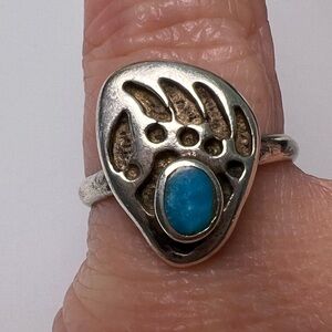 Turquoise Bear Paw Sterling Silver 925 Ring, Size 6.5